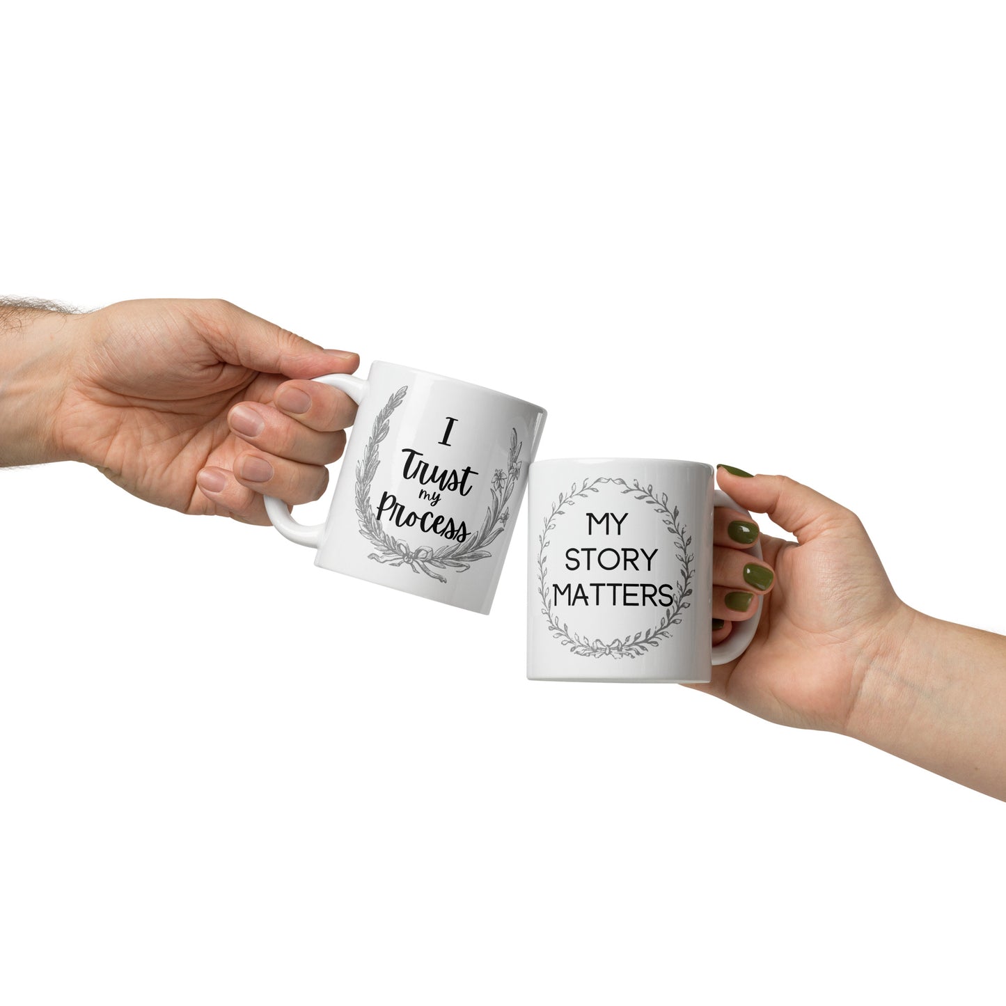 A white ceramic mug with two affirmations for writers. Overcome writer's block, avoid plot holes and take your first draft to finished manuscript.