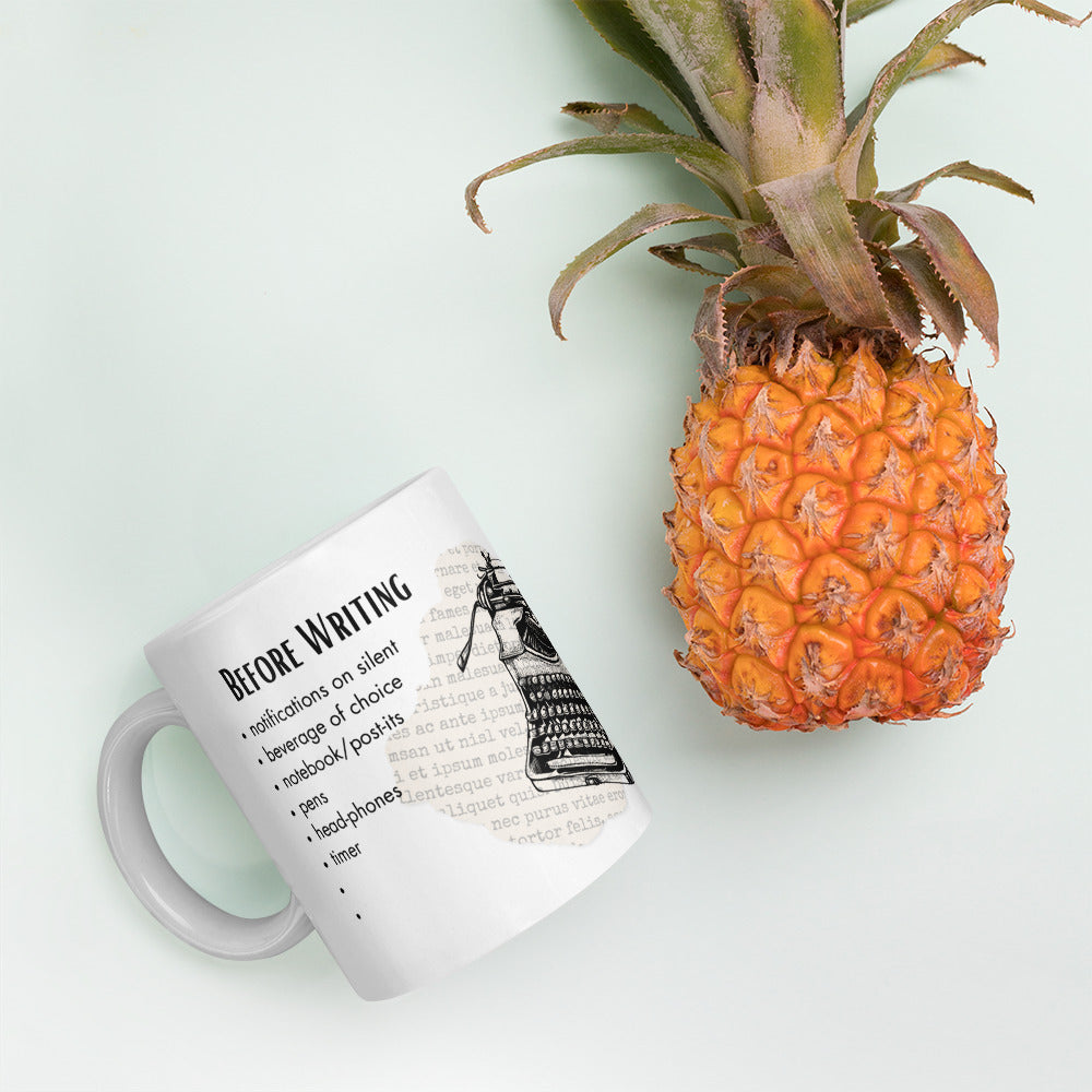 Writer's Checklist white ceramic mug: pineapple not included. The before writing checklist ensures that you arrive at your desk with everything you need to craft a bestseller.