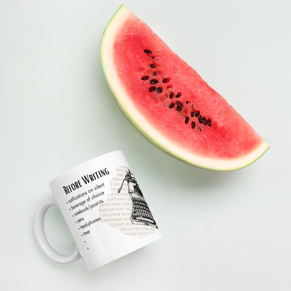 Writer's Checklist white ceramic mug: Plot holes are no problem, not when you're drinking from this mug. Watermelon not included.