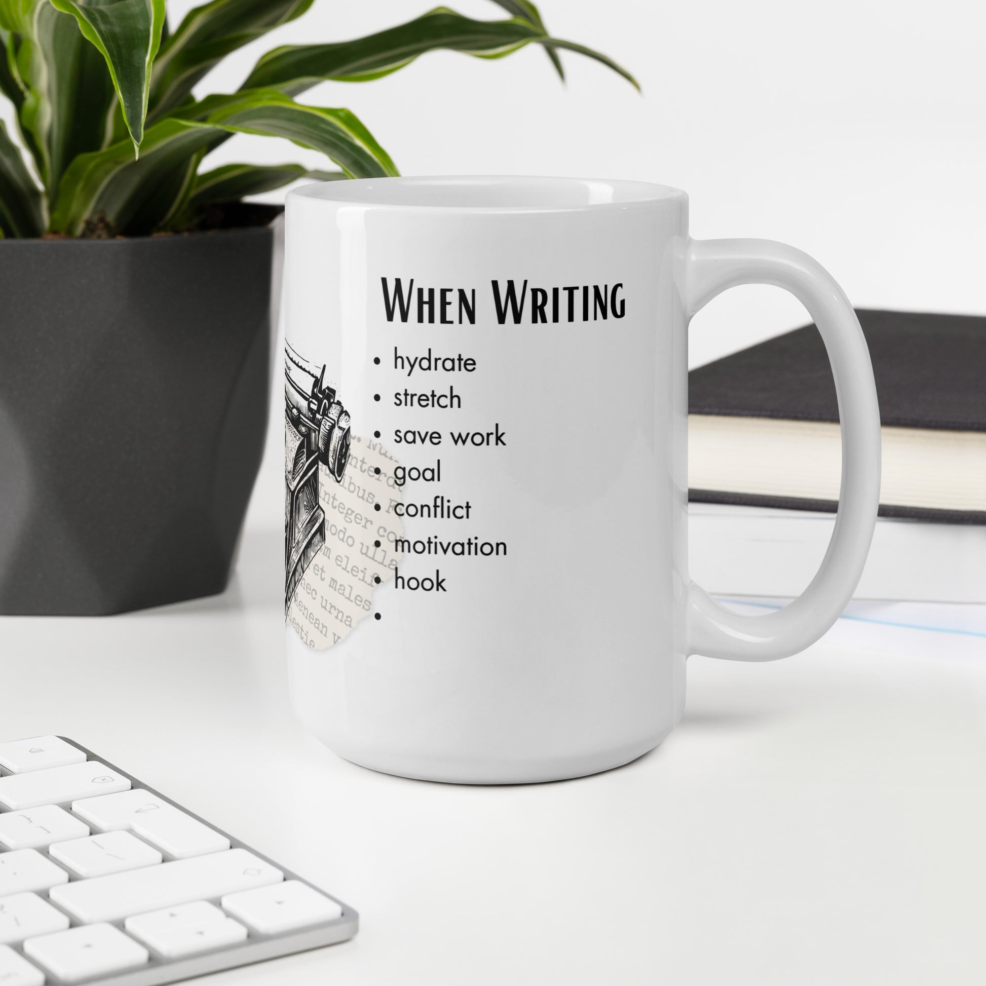 Writer's Checklist white ceramic mug: reminding you to hydrate, stretch and save your work, this mug is the perfect gift for any writer.